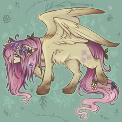 Size: 1500x1500 | Tagged: safe, artist:beetlegoblin, imported from derpibooru, fluttershy, pegasus, pony, female, flower, flower in hair, green background, simple background, solo