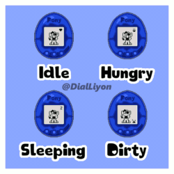 Size: 800x800 | Tagged: safe, artist:dialliyon, imported from derpibooru, oc, oc only, oc:meem, unicorn, animated, blue background, cute, gif, happy, hungry, loop, male, perfect loop, pixel art, simple background, sleeping, tamagotchi, text, video game