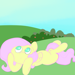 Size: 1080x1080 | Tagged: safe, artist:fluttersdoodles, imported from derpibooru, fluttershy, daydream, female, field, grass, hoof under chin, looking up, lying down, tree