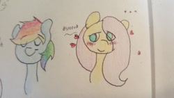 Size: 500x281 | Tagged: safe, artist:fluttersdoodles, imported from derpibooru, part of a set, fluttershy, rainbow dash, blushing, female, flutterdash, heart, lesbian, shipping, smiling