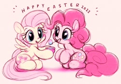 Size: 1600x1104 | Tagged: safe, artist:tamabel, imported from derpibooru, fluttershy, pinkie pie, earth pony, pegasus, pony, duo, egg, happy easter, simple background