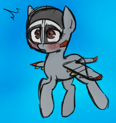 Size: 256x270 | Tagged: artist needed, safe, imported from derpibooru, oc, oc only, oc:blitz, original species, plane pony, blue background, blushing, brown eyes, colored, female, flying, mare, plane, shrunken pupils, simple background, solo, spread wings, surprised, wings