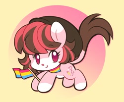 Size: 1228x1011 | Tagged: safe, artist:tamabel, imported from derpibooru, oc, oc only, earth pony, pony, chibi, gradient background, hat, pansexual pride flag, pride, pride flag, solo