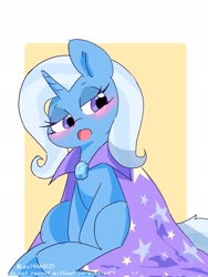 Size: 1537x2048 | Tagged: safe, artist:leo19969525, imported from derpibooru, trixie, pony, unicorn, blushing, cute, diatrixes, female, gem, hair, horn, mane, mare, open mouth, simple background, sitting, solo, tail