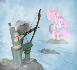 Size: 2772x2513 | Tagged: safe, artist:cactuscowboydan, imported from derpibooru, oc, alicorn, elf, abs, arrow, bow, digital art, humanoid, procreate app, river, rock, story included, water, wings