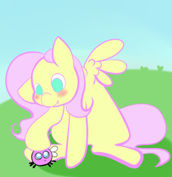 Size: 1280x1317 | Tagged: safe, artist:fluttersdoodles, imported from derpibooru, fluttershy, parasprite, :t, female, folded wings, grass, sitting, wings