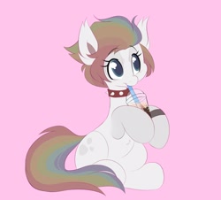 Size: 1252x1130 | Tagged: safe, artist:tamabel, imported from derpibooru, oc, oc only, earth pony, pony, boba tea, collar, drinking, simple background, solo