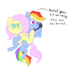 Size: 500x514 | Tagged: safe, artist:fluttersdoodles, imported from derpibooru, fluttershy, rainbow dash, pony, female, floating, flutterdash, holding a pony, lesbian, shipping, talking