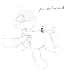 Size: 894x894 | Tagged: safe, artist:khorme, imported from derpibooru, oc, oc only, oc:anon, oc:blitz, original species, plane pony, pony, a-10 thunderbolt ii, angry, annoyed, butt, duo, exclamation point, female, flying, frown, giant pony, irritated, looking at someone, looking back, macro, macro/micro, male, mare, micro, plane, plot, sharp teeth, simple background, sketch, spread wings, teeth, white background, wings