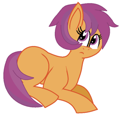 Size: 672x620 | Tagged: safe, artist:pepperjackpegasus, imported from derpibooru, oc, oc only, oc:sunset dreams, earth pony, 2013, frown, looking up, magical lesbian spawn, offspring, orange fur, parent:rainbow dash, parent:scootaloo, parents:scootadash, purple eyes, purple mane, simple background, sitting, solo, white background