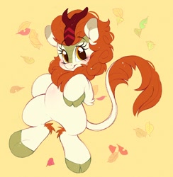 Size: 1170x1200 | Tagged: safe, artist:tamabel, imported from derpibooru, autumn blaze, kirin, pony, autumn, autumn leaves, cloven hooves, leaves, simple background, smiling, solo, yellow background