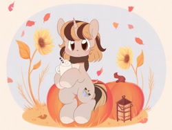 Size: 1600x1200 | Tagged: safe, artist:tamabel, imported from derpibooru, oc, oc only, pony, unicorn, chocolate, clothes, flower, food, gradient background, hot chocolate, lantern, leaves, mug, pumpkin, scarf, solo, sunflower