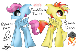 Size: 960x640 | Tagged: safe, artist:gallantserver, imported from derpibooru, oc, oc only, oc:blaze dash, oc:rainbow dew, pegasus, pony, 2016, blue eyes, blue fur, chest fluff, duo, duo male, english, looking up, magical lesbian spawn, male, multicolored mane, next generation, offspring, parent:rainbow dash, parent:scootaloo, parents:scootadash, purple mane, red eyes, siblings, signature, simple background, smiling, transparent background, twins, yellow fur