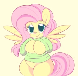 Size: 1206x1176 | Tagged: safe, artist:tamabel, imported from derpibooru, fluttershy, pony, clothes, cute, hoodie, shyabetes, simple background, solo