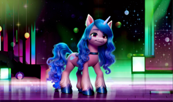 Size: 2816x1664 | Tagged: safe, imported from derpibooru, izzy moonbow, pony, unicorn, ai assisted, ai content, choker, colored hooves, disco, female, g5, mare, prompter:saphkey, solo, three quarter view, wallpaper