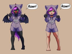 Size: 10000x7500 | Tagged: safe, artist:chedx, imported from derpibooru, nightmare moon, oc, oc:midnight moon, anthro, bat pony, fox, human, undead, vampire, vampony, barefoot, clothes, collar, cute, fangs, feet, hoodie, humanized, pegacorn, rawr, wings