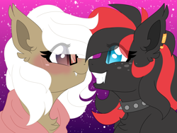 Size: 8000x6000 | Tagged: safe, artist:crazysketch101, imported from derpibooru, oc, oc:aurora blossom, oc:scarlet harmony, oc:sharpe, bat pony, pony, blushing, choker, clothes, ear piercing, earring, freckles, hoodie, jewelry, nose to nose, piercing, shipping, spiked choker