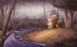 Size: 1618x1000 | Tagged: safe, artist:pastelpupils, imported from derpibooru, discord, fluttershy, bird, draconequus, pegasus, pony, duo, forest, river, scenery, water