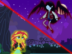 Size: 1600x1200 | Tagged: safe, artist:mtad2, imported from derpibooru, sunset shimmer, human, equestria girls, adventure time, crossover, fight, marceline, vs
