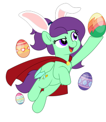 Size: 4333x5000 | Tagged: safe, artist:jhayarr23, imported from derpibooru, oc, oc:greenfeather, pegasus, pony, bunny ears, cape, chest fluff, clothes, easter egg, female, mare, solo