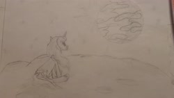 Size: 3264x1836 | Tagged: safe, artist:flammerfime, imported from derpibooru, princess luna, alicorn, pony, banishment, black and white, grayscale, monochrome, moon, sad, traditional art