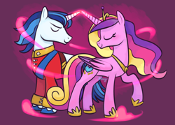 Size: 1280x914 | Tagged: safe, artist:flightless-fox, imported from derpibooru, princess cadance, shining armor, alicorn, pony, unicorn, a canterlot wedding, clothes, eyes closed, female, horn, horns are touching, jewelry, male, mare, regalia, simple background, smiling, stallion, uniform