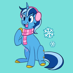 Size: 1280x1280 | Tagged: safe, artist:flightless-fox, imported from derpibooru, minuette, pony, unicorn, blue background, clothes, cute, cyan background, earmuffs, female, mare, minubetes, scarf, simple background, snow, snowflake, solo, striped scarf