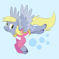 Size: 1280x1280 | Tagged: safe, artist:flightless-fox, imported from derpibooru, derpy hooves, pegasus, pony, blue background, bubble, clothes, cute, derpabetes, flying, simple background, smiling, solo, sweater