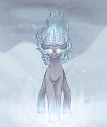 Size: 3384x4000 | Tagged: safe, artist:dreamyrat, imported from derpibooru, oc, oc only, pony, unicorn, commission, horn, magic, male, open mouth, snow, snowfall, solo, stallion, storm, unicorn oc, white eyes