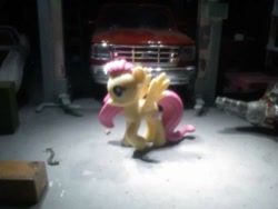Size: 756x569 | Tagged: safe, imported from derpibooru, fluttershy, pony, car, car lift, diorama, engine, ford f-150, garage, shop, solo, toy, transmission