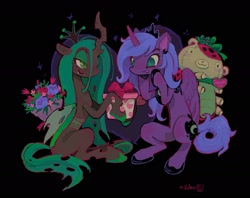 Size: 1890x1499 | Tagged: safe, artist:_night_milk_, imported from derpibooru, princess luna, queen chrysalis, alicorn, changeling, changeling queen, pony, black background, bouquet, duo, female, flower, holiday, mare, plushie, present, s1 luna, simple background, sitting, smiling, teddy bear, valentine's day