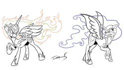 Size: 3840x2160 | Tagged: safe, artist:memprices, imported from derpibooru, daybreaker, nightmare moon, angry, evil grin, grin, lineart, looking at each other, looking at someone, simple background, smiling, white background