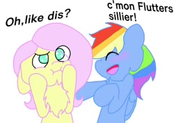 Size: 500x354 | Tagged: safe, artist:fluttersdoodles, imported from derpibooru, part of a set, fluttershy, rainbow dash, :i, dialogue, eyes closed, female, flutterdash, lesbian, shipping, smiling