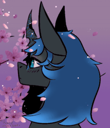 Size: 600x700 | Tagged: artist needed, safe, imported from derpibooru, oc, oc only, oc:sinari, changeling, changeling queen, animated, blinking, blue changeling, cherry blossoms, flower, flower blossom, frame by frame, wind