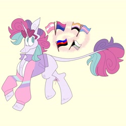 Size: 4096x4096 | Tagged: safe, artist:fizzlefer, imported from derpibooru, oc, oc only, oc:plain sailing, pony, unicorn, clothes, jacket, pride flag, simple background, solo, varsity jacket