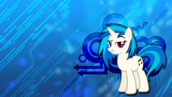 Size: 1920x1080 | Tagged: safe, artist:moongazeponies, artist:toruviel, edit, imported from derpibooru, dj pon-3, vinyl scratch, pony, unicorn, abstract background, arrow, circle, eyebrows, female, looking at you, mare, raised eyebrow, smiling, smiling at you, solo, wallpaper, wallpaper edit