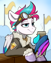 Size: 1200x1474 | Tagged: safe, artist:rutkotka, imported from derpibooru, zipp storm, pegasus, pony, air force, aviator, bomber jacket, clothes, coffee, female, g5, goggles, jacket, mare, military uniform, pilot, smiling, solo, uniform, wing hands, wing hold, wings