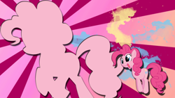 Size: 1920x1080 | Tagged: safe, artist:abadcookie, artist:koeper, artist:toruviel, edit, imported from derpibooru, pinkie pie, earth pony, pony, female, happy, jumping, mare, open mouth, open smile, paint splatter, silhouette, smiling, solo, sunburst background, wallpaper, wallpaper edit