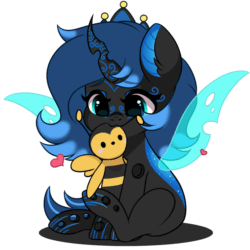 Size: 1080x1080 | Tagged: safe, artist:yomechka, imported from derpibooru, oc, oc only, oc:sinari, bee, changeling, changeling queen, insect, animated, blue changeling, cute, facial markings, gif, happy, plushie, simple background, solo, tail, tail wag, transparent wings, wings