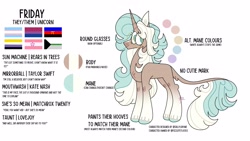 Size: 4096x2304 | Tagged: safe, artist:fizzlefer, imported from derpibooru, oc, oc only, oc:friday (fizzlefer), pony, unicorn, pride flag, reference sheet, simple background, solo, white background