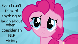 Size: 1280x720 | Tagged: safe, imported from derpibooru, screencap, pinkie pie, earth pony, pony, derpibooru, caption, downvote bait, image macro, meta, new lunar republic, op is a duck, sad, solo, text