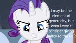 Size: 1280x720 | Tagged: safe, imported from derpibooru, screencap, rarity, pony, unicorn, derpibooru, caption, downvote bait, image macro, meta, new lunar republic, op is a duck, propaganda, solo, text