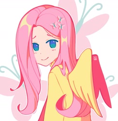 Size: 1711x1756 | Tagged: safe, artist:sashinanigans, imported from derpibooru, fluttershy, human, cutie mark background, female, humanized, solo, winged humanization, wings