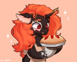 Size: 2500x2000 | Tagged: safe, artist:shelti, imported from derpibooru, oc, oc only, pony, unicorn, apron, bust, clothes, colored pupils, curved horn, ear fluff, female, food, happy, hoof hold, horn, mare, mottled coat, open mouth, peach background, pie, simple background, solo
