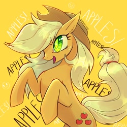 Size: 2048x2048 | Tagged: safe, artist:qwennondeathdie, imported from derpibooru, applejack, earth pony, pony, apple, female, simple background, solo, that pony sure does love apples, yellow background
