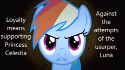 Size: 1280x720 | Tagged: safe, imported from derpibooru, screencap, rainbow dash, pegasus, pony, derpibooru, caption, downvote bait, image macro, meme, meta, op is a duck, propaganda, solo, text