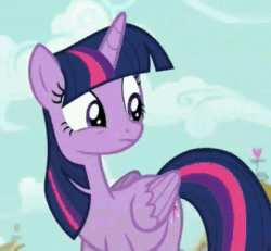 Size: 419x387 | Tagged: safe, imported from derpibooru, screencap, twilight sparkle, alicorn, pony, fame and misfortune, season 7, animated, blinking, cropped, female, folded wings, food, food fight, frown, gif, ice cream, mare, solo, teeth, twilight sparkle (alicorn), twilight sparkle is not amused, unamused, wings