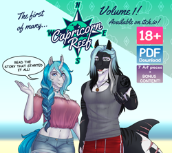 Size: 3326x2948 | Tagged: safe, artist:askbubblelee, artist:blackblood-queen, imported from derpibooru, oc, oc only, oc:bubble lee, oc:mako, anthro, orca, orca pony, original species, unicorn, adorasexy, advertisement in description, anthro oc, beach, belly button, big breasts, braid, breasts, choker, countershading, cute, female, freckles, holding hands, jewelry, logo, looking at you, makolee, male, midriff, necklace, oc x oc, ocean, reaching, scar, sexy, shipping, speech bubble, straight, swimming trunks, swimsuit, text, water