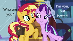 Size: 1280x720 | Tagged: safe, edit, edited screencap, editor:andwhatiseeisme, imported from derpibooru, screencap, starlight glimmer, sunset shimmer, pony, unicorn, equestria girls, mirror magic, spoiler:eqg specials, black text, caption, exclamation point, female, horn, image macro, mare, question mark, raised hoof, text, white text