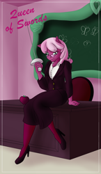 Size: 1100x1900 | Tagged: safe, artist:sixes&sevens, imported from derpibooru, cheerilee, anthro, earth pony, apple, chalkboard, clothes, desk, explicit source, female, food, glasses, high heels, leggings, minor arcana, queen of swords, rapier, shoes, sitting, skirt, solo, sword, tarot card, weapon